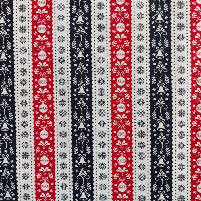 Red, White and Navy Blue Scandi Stripe Cotton fabric sample