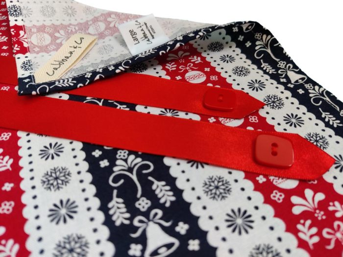 Red, White and Blue Scandi Stripe Christmas Fabric Wrapping and Red Ribbon